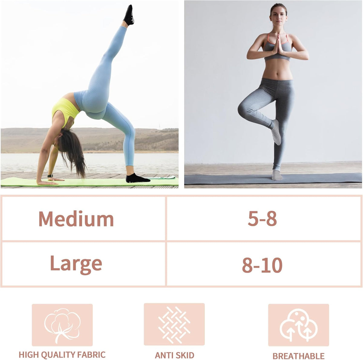 Yoga Grips Non Slip Socks 3 Pairs Pilates Anti Skid Grippers Grippy Ballet Barre Socks for Women