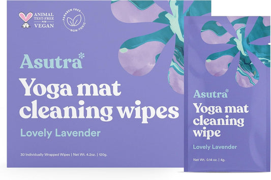 ASUTRA Yoga Mat Wipes (Lovely Lavender), Individually Wrapped Wipes 1 Box (30 Wipes)- No Slippery Residue, Deep-Cleansing for Fitness Gear & Gym Equipment