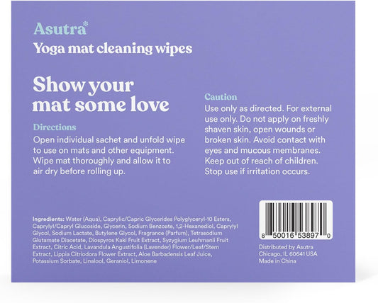 ASUTRA Yoga Mat Wipes (Lovely Lavender), Individually Wrapped Wipes 1 Box (30 Wipes)- No Slippery Residue, Deep-Cleansing for Fitness Gear & Gym Equipment