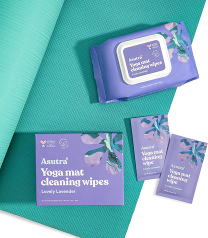 ASUTRA Yoga Mat Wipes (Lovely Lavender), Individually Wrapped Wipes 1 Box (30 Wipes)- No Slippery Residue, Deep-Cleansing for Fitness Gear & Gym Equipment