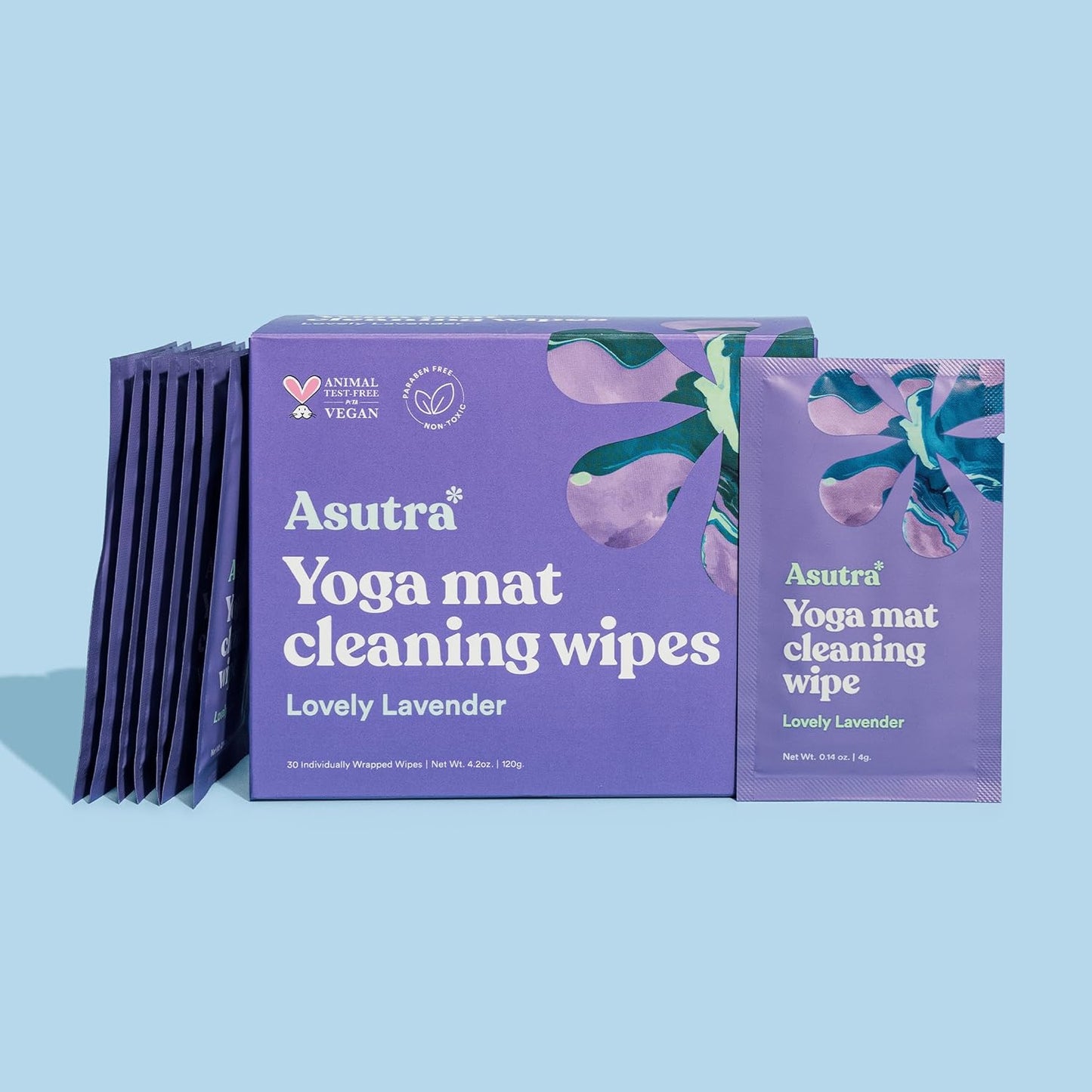 ASUTRA Yoga Mat Wipes (Lovely Lavender), Individually Wrapped Wipes 1 Box (30 Wipes)- No Slippery Residue, Deep-Cleansing for Fitness Gear & Gym Equipment
