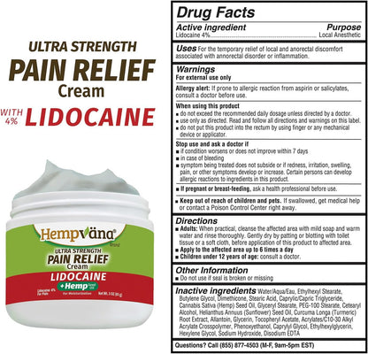 Hempvana Lidocaine 5% Relief Cream, Maximum Strength, Targeted Long-Lasting Relief, Strong Cream, Numbs Irritated Nerves for Fast Anorectal Relief, Non-Greasy.