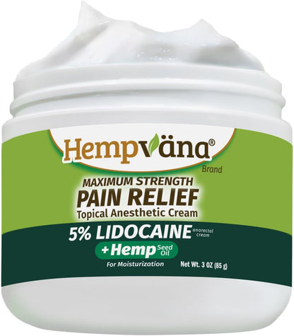 Hempvana Lidocaine 5% Relief Cream, Maximum Strength, Targeted Long-Lasting Relief, Strong Cream, Numbs Irritated Nerves for Fast Anorectal Relief, Non-Greasy.