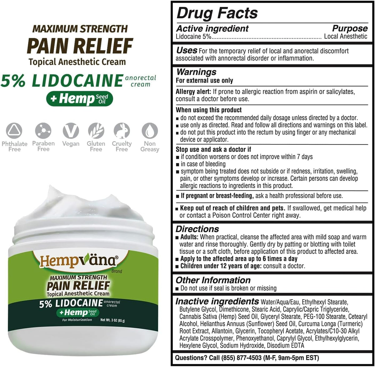 Hempvana Lidocaine 5% Relief Cream, Maximum Strength, Targeted Long-Lasting Relief, Strong Cream, Numbs Irritated Nerves for Fast Anorectal Relief, Non-Greasy.