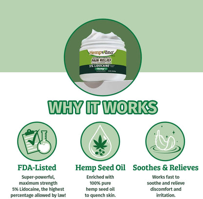 Hempvana Lidocaine 5% Relief Cream, Maximum Strength, Targeted Long-Lasting Relief, Strong Cream, Numbs Irritated Nerves for Fast Anorectal Relief, Non-Greasy.