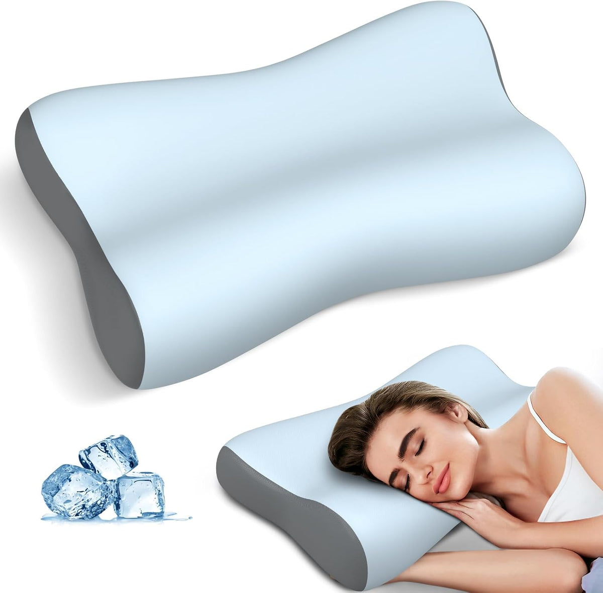 Cervical Neck Pillow for Pain Relief, Contour Memory Foam Pillows for Sleeping, Ergonomic Pillow Orthopedic Cooling Pillow Bed Pillow Neck Support for Side Back Stomach Sleepers(White&Blue)