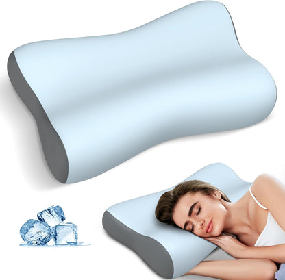 Cervical Neck Pillow for Pain Relief, Contour Memory Foam Pillows for Sleeping, Ergonomic Pillow Orthopedic Cooling Pillow Bed Pillow Neck Support for Side Back Stomach Sleepers(White&Blue)