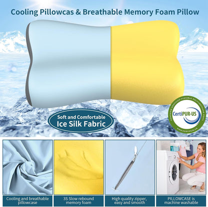 Cervical Neck Pillow for Pain Relief, Contour Memory Foam Pillows for Sleeping, Ergonomic Pillow Orthopedic Cooling Pillow Bed Pillow Neck Support for Side Back Stomach Sleepers(White&Blue)