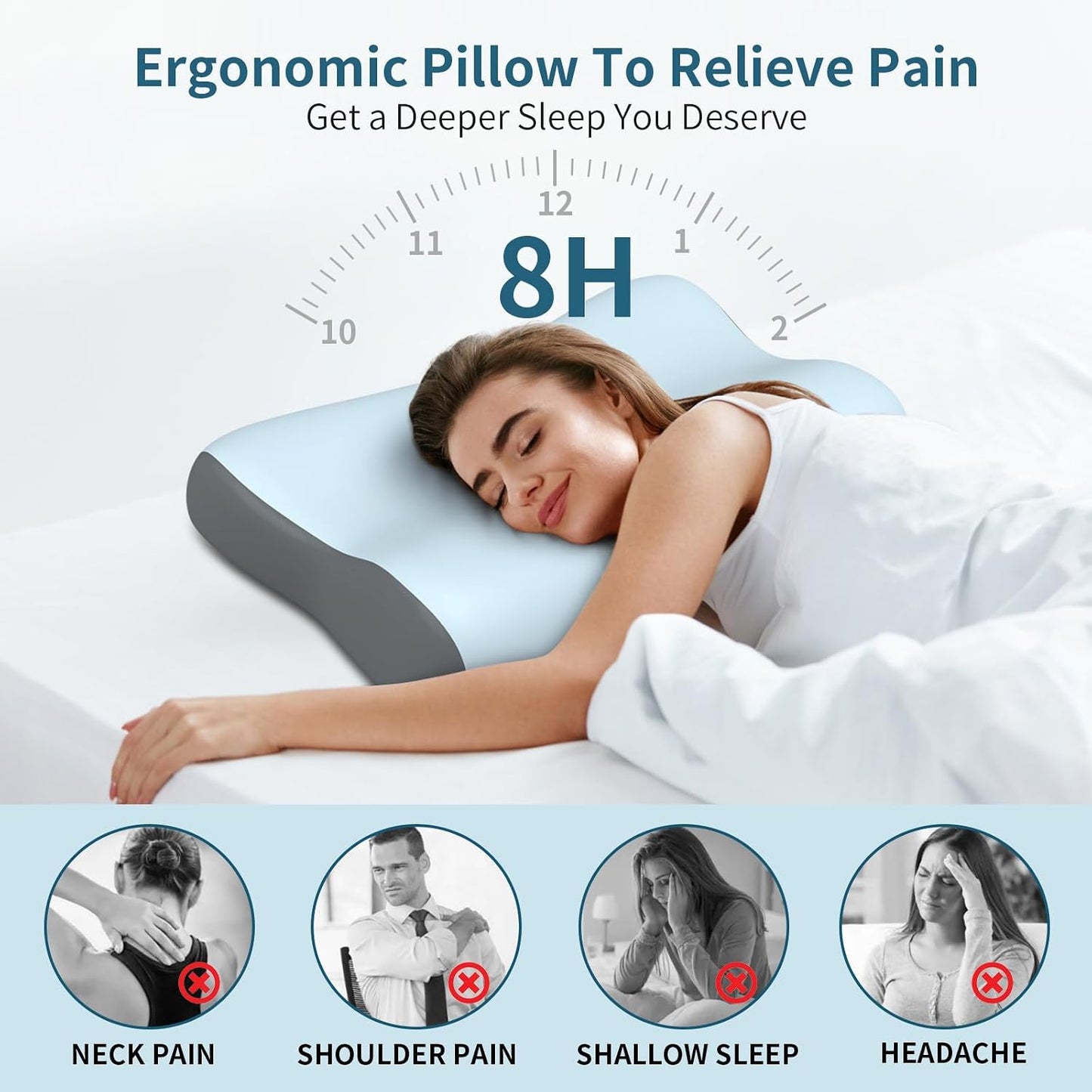 Cervical Neck Pillow for Pain Relief, Contour Memory Foam Pillows for Sleeping, Ergonomic Pillow Orthopedic Cooling Pillow Bed Pillow Neck Support for Side Back Stomach Sleepers(White&Blue)