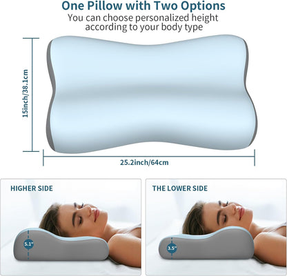 Cervical Neck Pillow for Pain Relief, Contour Memory Foam Pillows for Sleeping, Ergonomic Pillow Orthopedic Cooling Pillow Bed Pillow Neck Support for Side Back Stomach Sleepers(White&Blue)