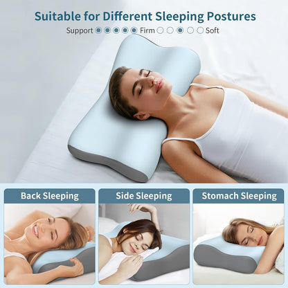 Cervical Neck Pillow for Pain Relief, Contour Memory Foam Pillows for Sleeping, Ergonomic Pillow Orthopedic Cooling Pillow Bed Pillow Neck Support for Side Back Stomach Sleepers(White&Blue)