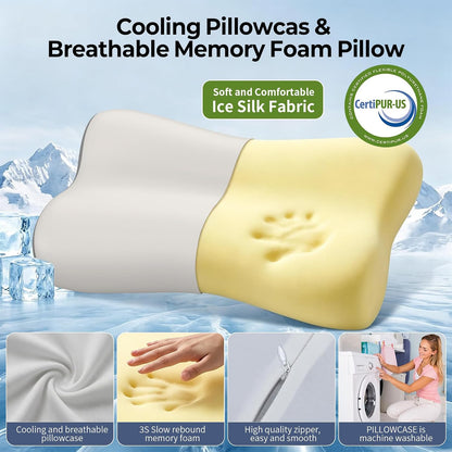 Cervical Neck Pillow for Pain Relief, Contour Memory Foam Pillows for Sleeping, Ergonomic Pillow Orthopedic Cooling Pillow Bed Pillow Neck Support for Side Back Stomach Sleepers(White&Blue)