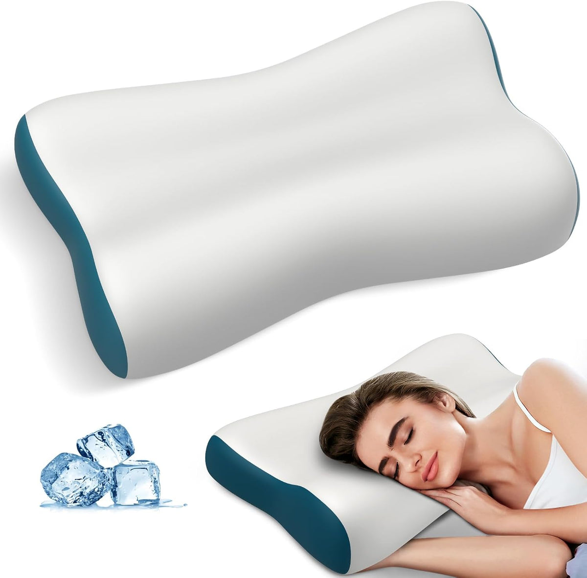 Cervical Neck Pillow for Pain Relief, Contour Memory Foam Pillows for Sleeping, Ergonomic Pillow Orthopedic Cooling Pillow Bed Pillow Neck Support for Side Back Stomach Sleepers(White&Blue)