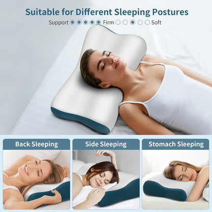 Cervical Neck Pillow for Pain Relief, Contour Memory Foam Pillows for Sleeping, Ergonomic Pillow Orthopedic Cooling Pillow Bed Pillow Neck Support for Side Back Stomach Sleepers(White&Blue)