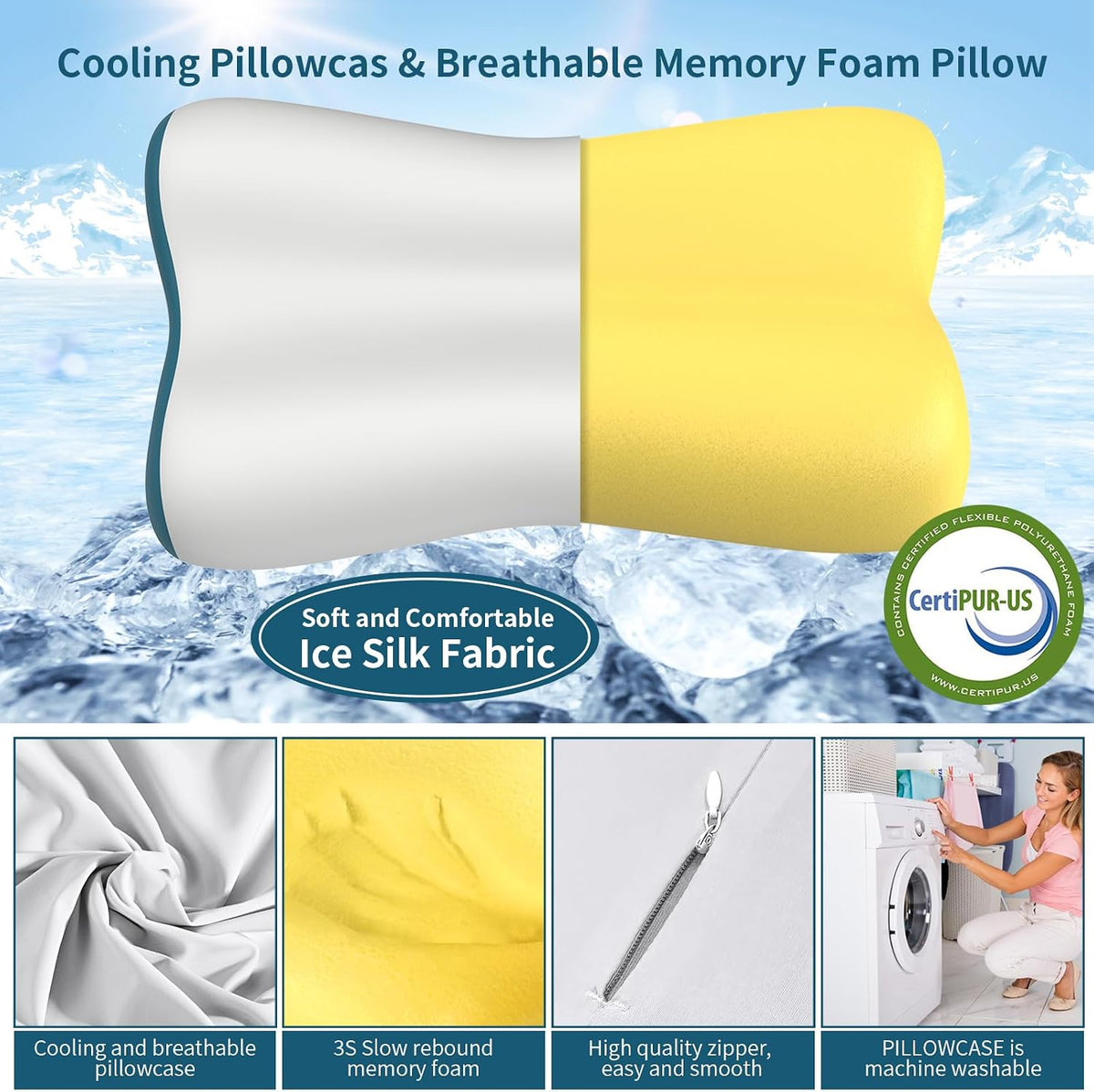Cervical Neck Pillow for Pain Relief, Contour Memory Foam Pillows for Sleeping, Ergonomic Pillow Orthopedic Cooling Pillow Bed Pillow Neck Support for Side Back Stomach Sleepers(White&Blue)