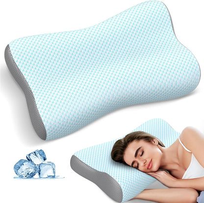 Cervical Neck Pillow for Pain Relief, Contour Memory Foam Pillows for Sleeping, Ergonomic Pillow Orthopedic Cooling Pillow Bed Pillow Neck Support for Side Back Stomach Sleepers(White&Blue)