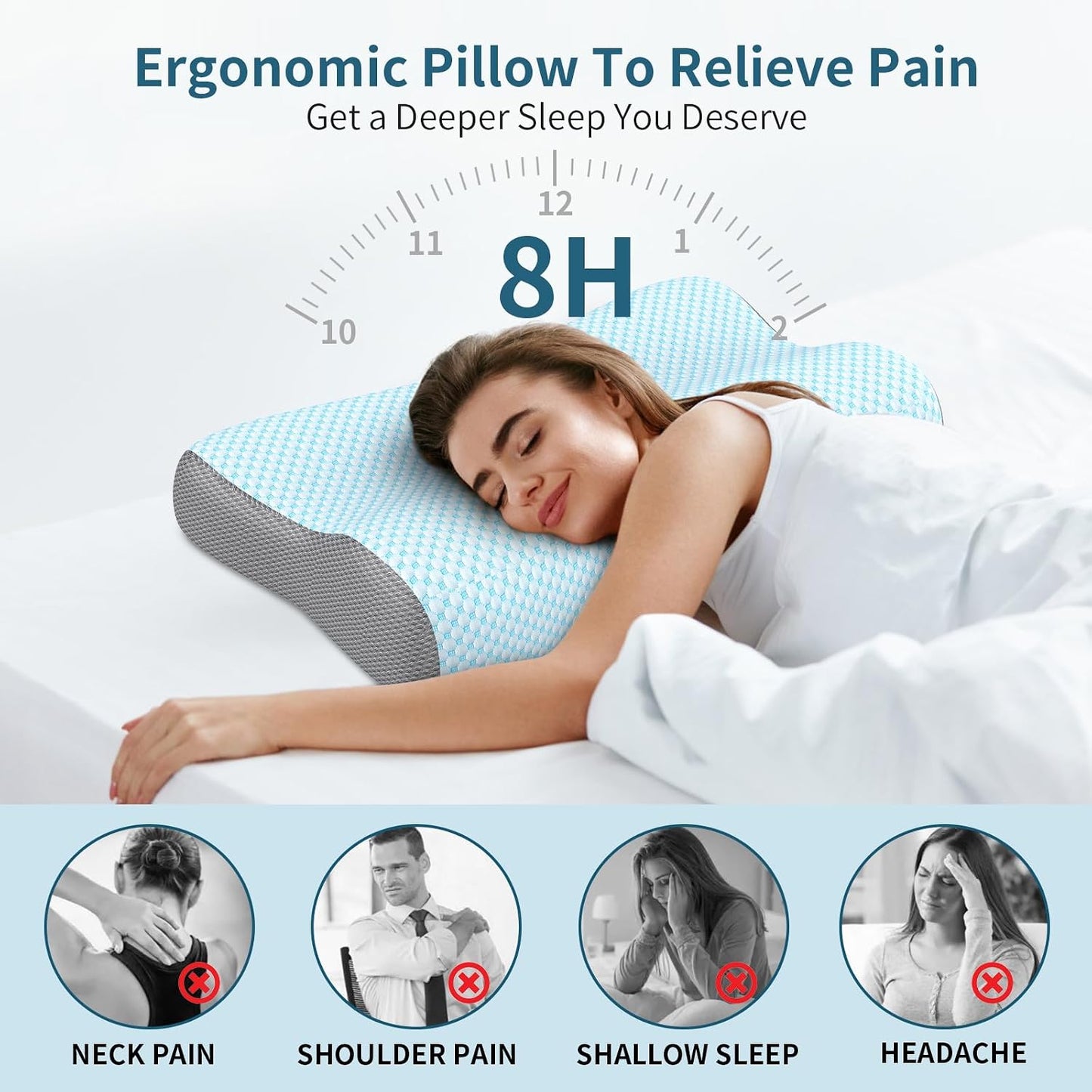 Cervical Neck Pillow for Pain Relief, Contour Memory Foam Pillows for Sleeping, Ergonomic Pillow Orthopedic Cooling Pillow Bed Pillow Neck Support for Side Back Stomach Sleepers(White&Blue)