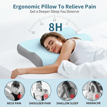 Cervical Neck Pillow for Pain Relief, Contour Memory Foam Pillows for Sleeping, Ergonomic Pillow Orthopedic Cooling Pillow Bed Pillow Neck Support for Side Back Stomach Sleepers(White&Blue)