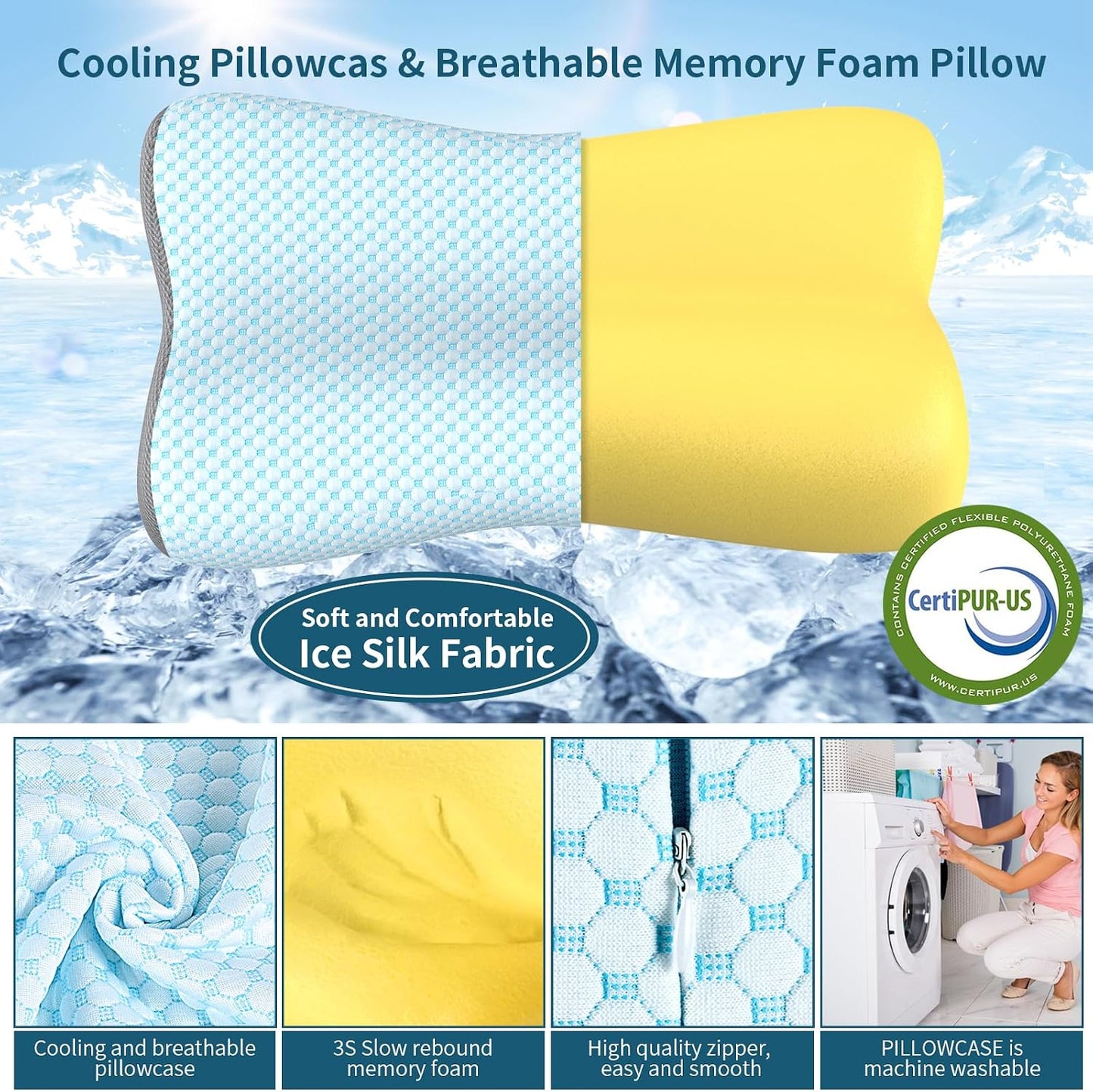 Cervical Neck Pillow for Pain Relief, Contour Memory Foam Pillows for Sleeping, Ergonomic Pillow Orthopedic Cooling Pillow Bed Pillow Neck Support for Side Back Stomach Sleepers(White&Blue)