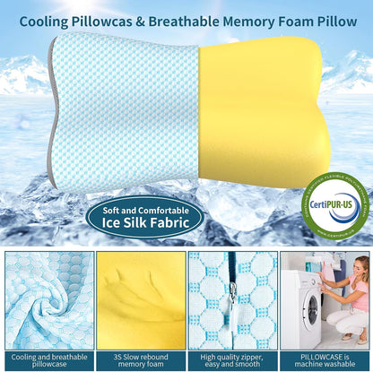 Cervical Neck Pillow for Pain Relief, Contour Memory Foam Pillows for Sleeping, Ergonomic Pillow Orthopedic Cooling Pillow Bed Pillow Neck Support for Side Back Stomach Sleepers(White&Blue)