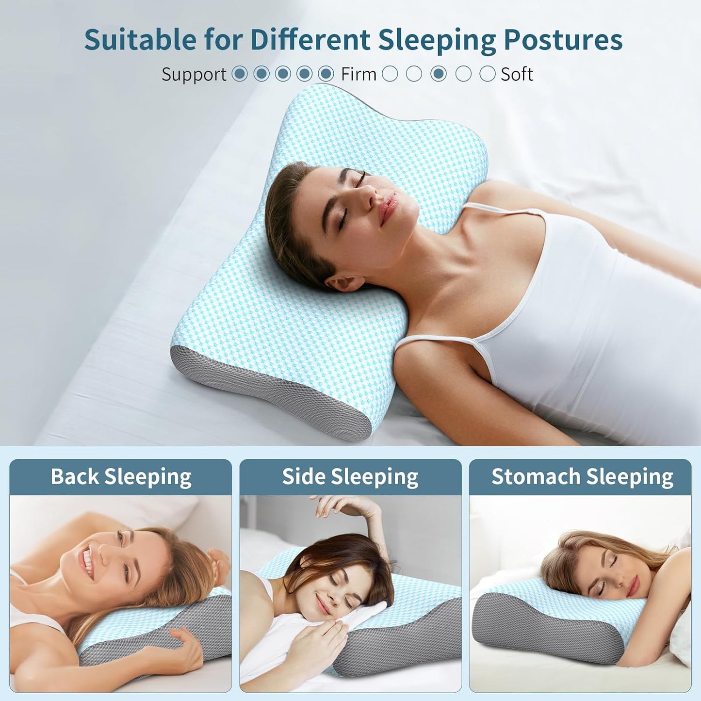 Cervical Neck Pillow for Pain Relief, Contour Memory Foam Pillows for Sleeping, Ergonomic Pillow Orthopedic Cooling Pillow Bed Pillow Neck Support for Side Back Stomach Sleepers(White&Blue)