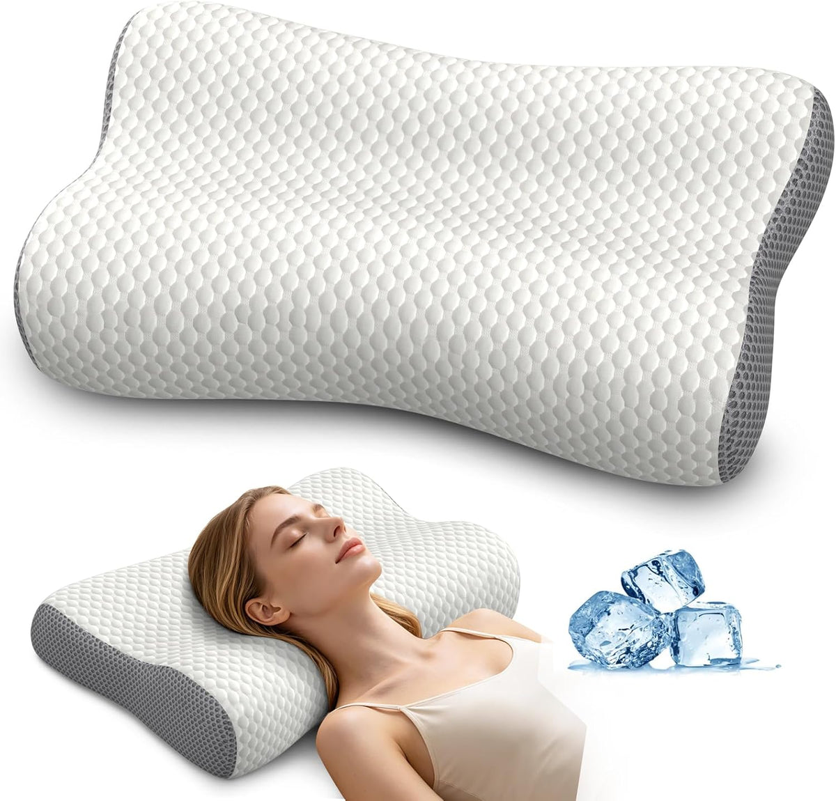 Cervical Neck Pillow for Pain Relief, Contour Memory Foam Pillows for Sleeping, Ergonomic Pillow Orthopedic Cooling Pillow Bed Pillow Neck Support for Side Back Stomach Sleepers(White&Blue)