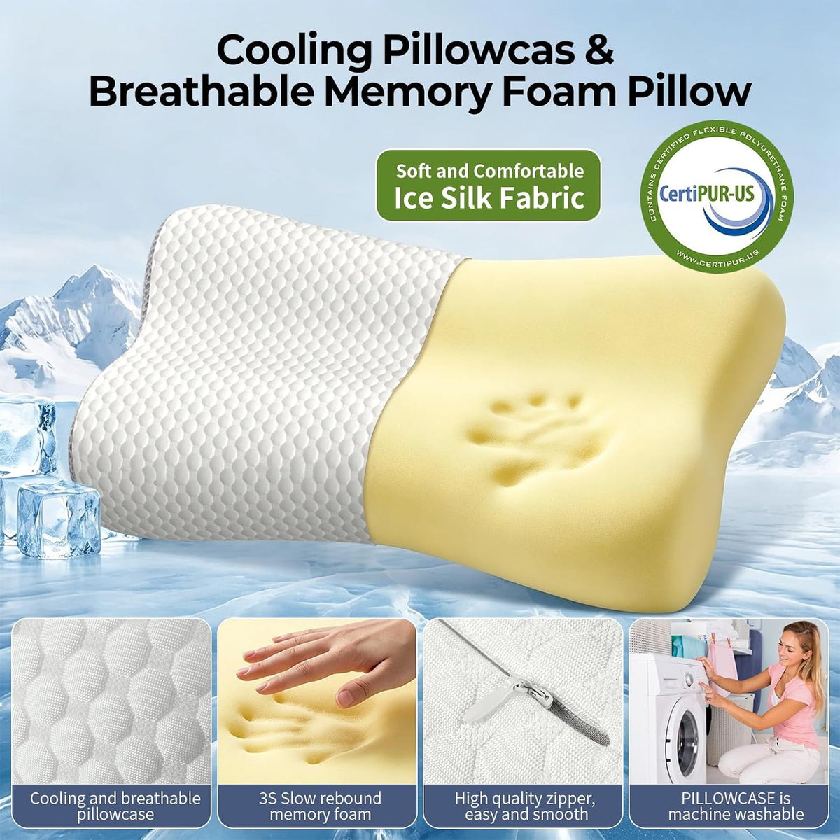Cervical Neck Pillow for Pain Relief, Contour Memory Foam Pillows for Sleeping, Ergonomic Pillow Orthopedic Cooling Pillow Bed Pillow Neck Support for Side Back Stomach Sleepers(White&Blue)
