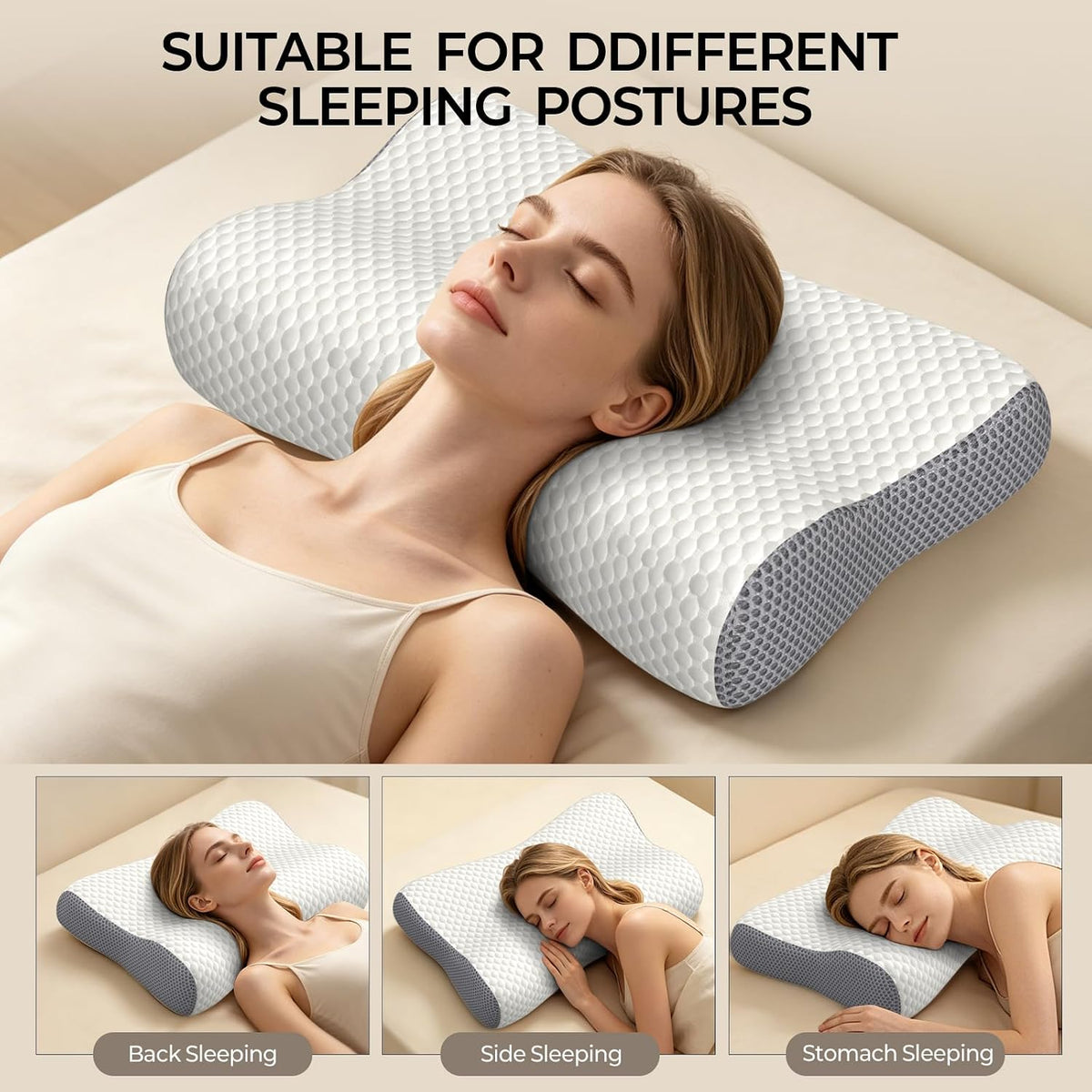 Cervical Neck Pillow for Pain Relief, Contour Memory Foam Pillows for Sleeping, Ergonomic Pillow Orthopedic Cooling Pillow Bed Pillow Neck Support for Side Back Stomach Sleepers(White&Blue)