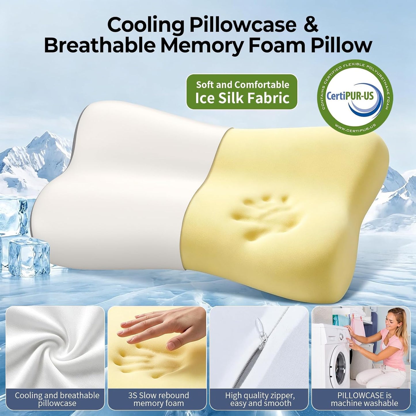 Cervical Neck Pillow for Pain Relief, Contour Memory Foam Pillows for Sleeping, Ergonomic Pillow Orthopedic Cooling Pillow Bed Pillow Neck Support for Side Back Stomach Sleepers(White&Blue)