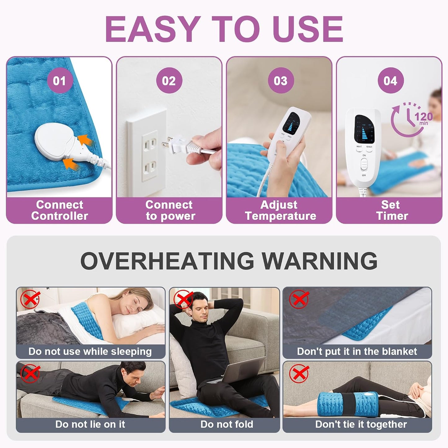 Heating Pad,Electric Heating Pads,Heating Pad for Back,Silvergray,24x12In