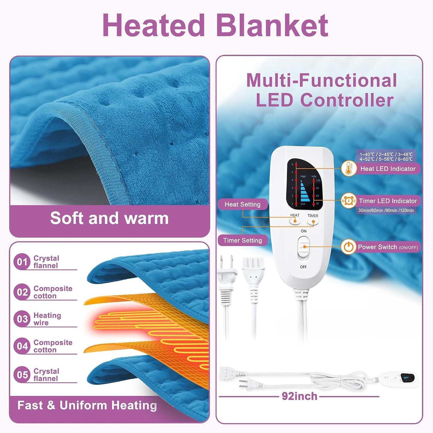 Heating Pad,Electric Heating Pads,Heating Pad for Back,Silvergray,24x12In