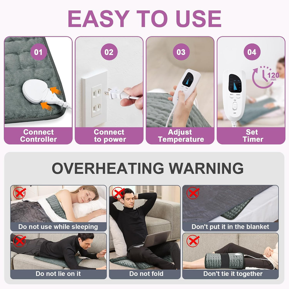 Heating Pad,Electric Heating Pads,Heating Pad for Back,Silvergray,24x12In