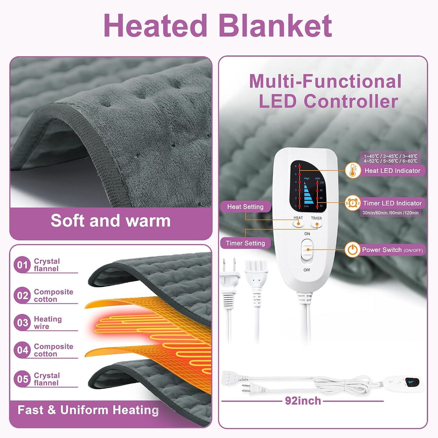 Heating Pad,Electric Heating Pads,Heating Pad for Back,Silvergray,24x12In