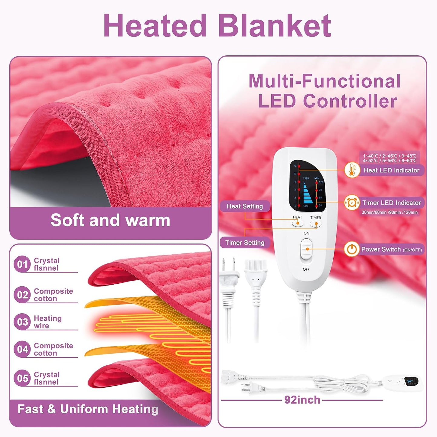 Heating Pad,Electric Heating Pads,Heating Pad for Back,Silvergray,24x12In