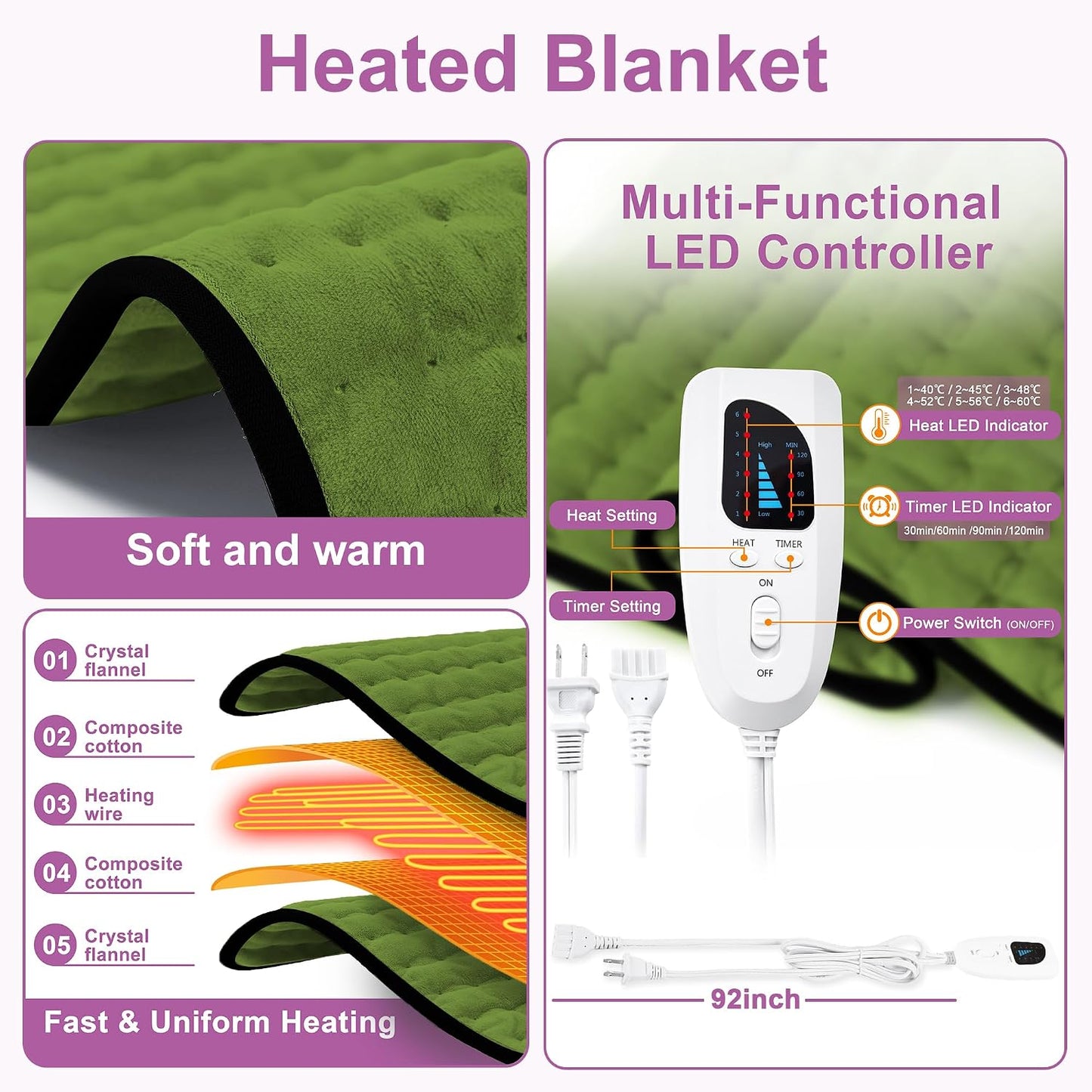 Heating Pad,Electric Heating Pads,Heating Pad for Back,Silvergray,24x12In