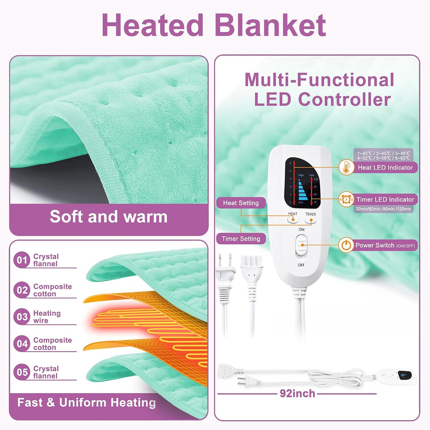 Heating Pad,Electric Heating Pads,Heating Pad for Back,Silvergray,24x12In