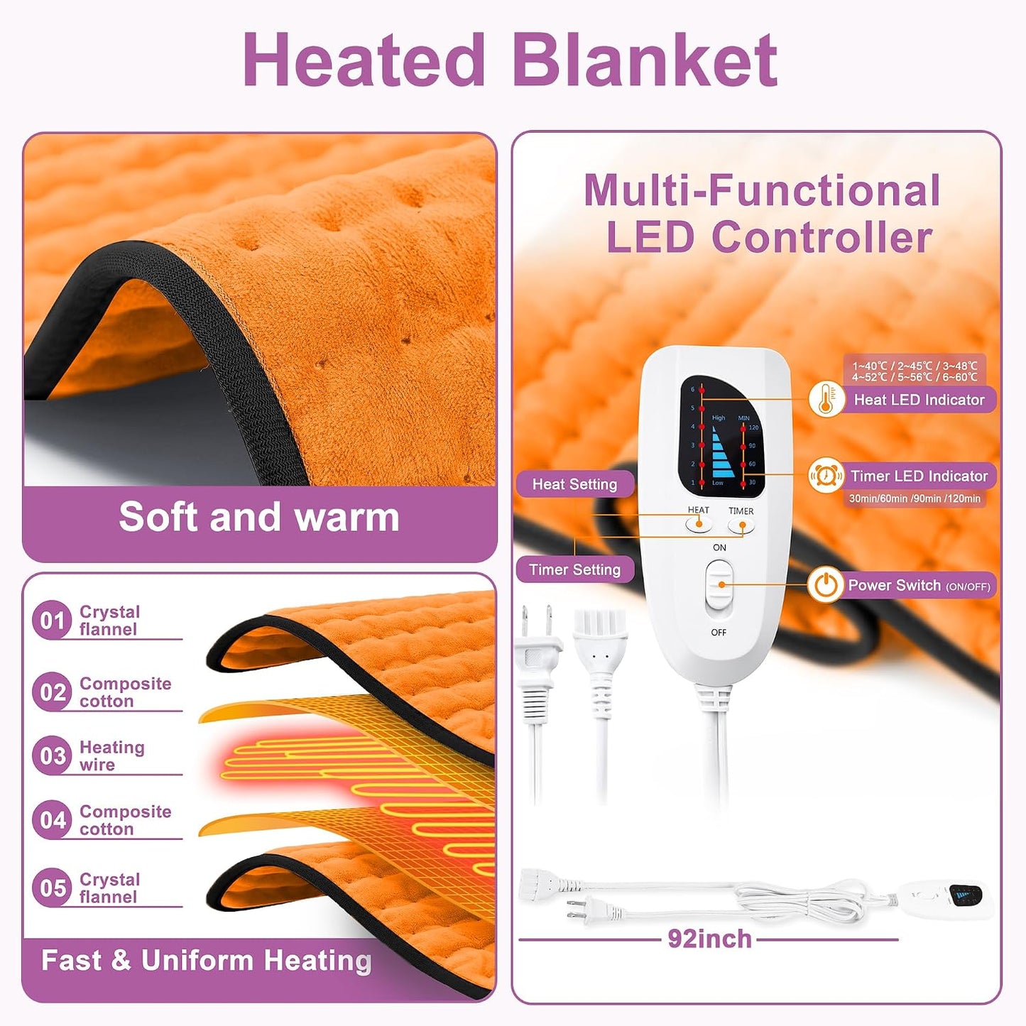 Heating Pad,Electric Heating Pads,Heating Pad for Back,Silvergray,24x12In
