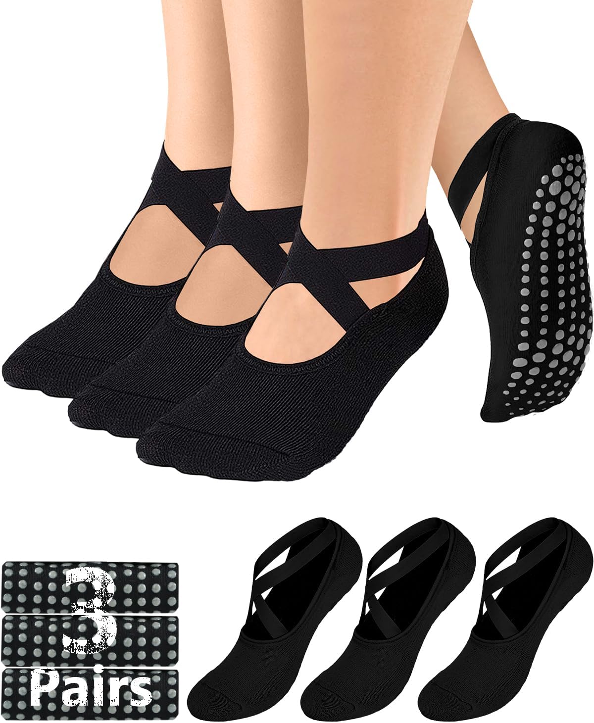 Pilates Grip Socks for Women Non Slip Skid Yoga Socks with Grips Straps for Ballet Dance Workout Gripper Sock