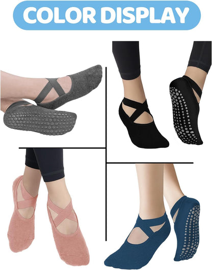 Pilates Grip Socks for Women Non Slip Skid Yoga Socks with Grips Straps for Ballet Dance Workout Gripper Sock