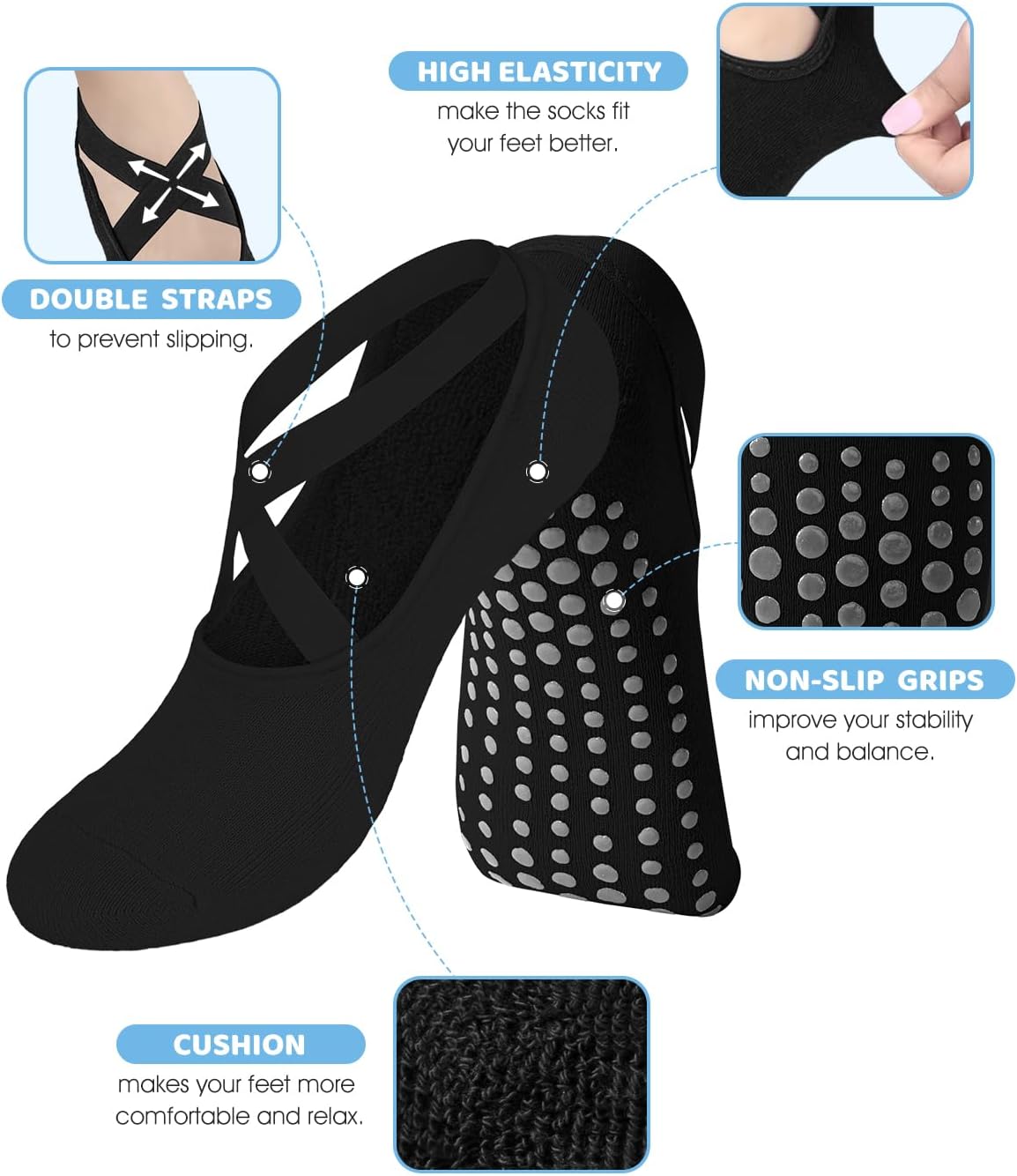 Pilates Grip Socks for Women Non Slip Skid Yoga Socks with Grips Straps for Ballet Dance Workout Gripper Sock