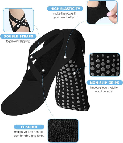 Pilates Grip Socks for Women Non Slip Skid Yoga Socks with Grips Straps for Ballet Dance Workout Gripper Sock