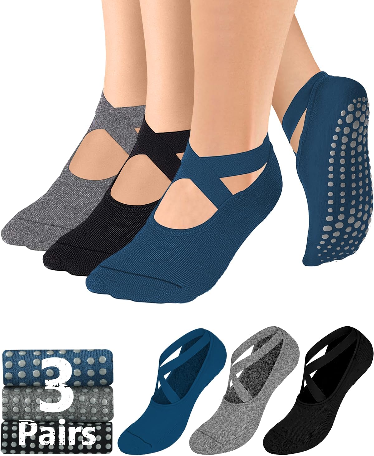 Pilates Grip Socks for Women Non Slip Skid Yoga Socks with Grips Straps for Ballet Dance Workout Gripper Sock