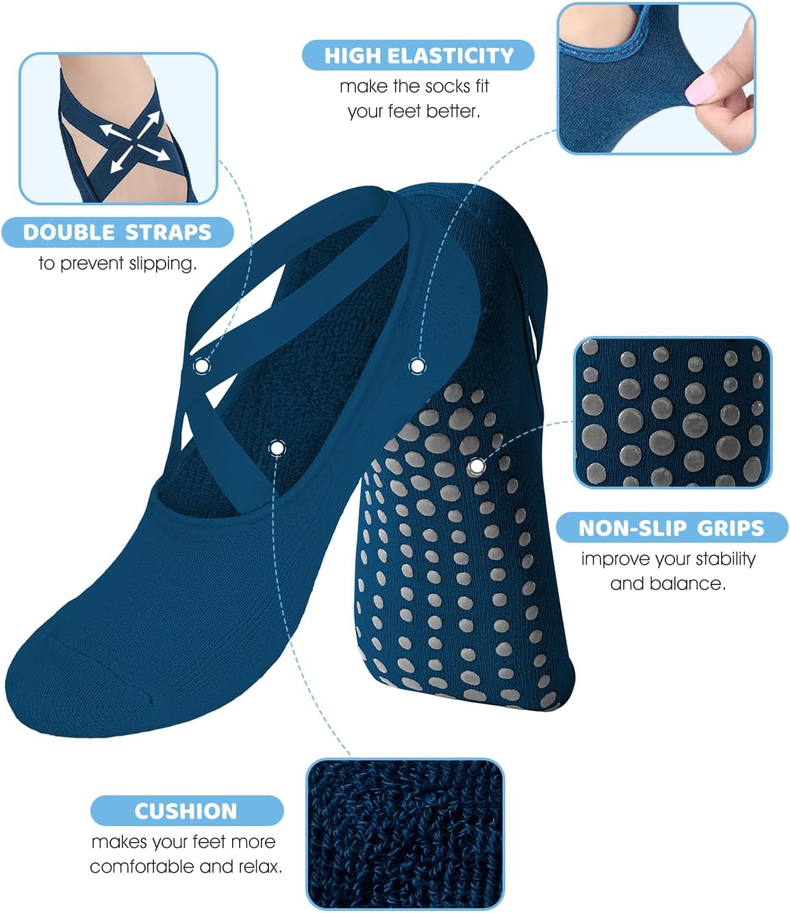 Pilates Grip Socks for Women Non Slip Skid Yoga Socks with Grips Straps for Ballet Dance Workout Gripper Sock