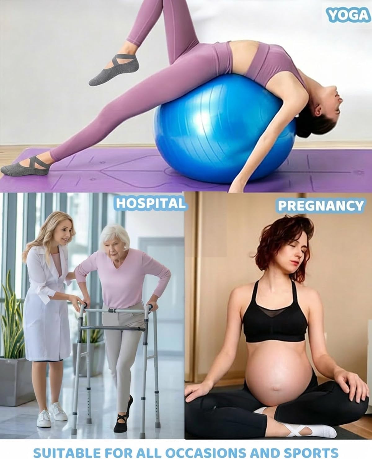 Pilates Grip Socks for Women Non Slip Skid Yoga Socks with Grips Straps for Ballet Dance Workout Gripper Sock