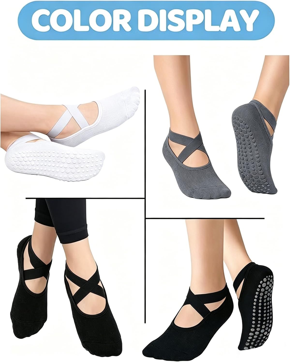 Pilates Grip Socks for Women Non Slip Skid Yoga Socks with Grips Straps for Ballet Dance Workout Gripper Sock