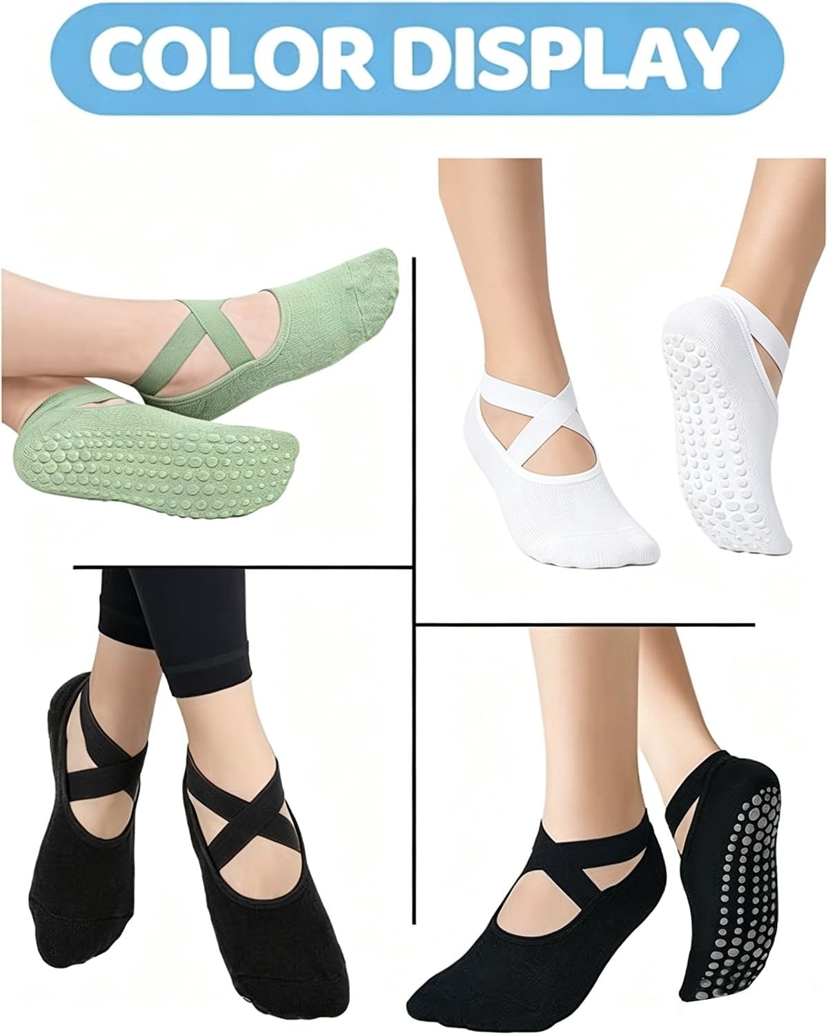 Pilates Grip Socks for Women Non Slip Skid Yoga Socks with Grips Straps for Ballet Dance Workout Gripper Sock