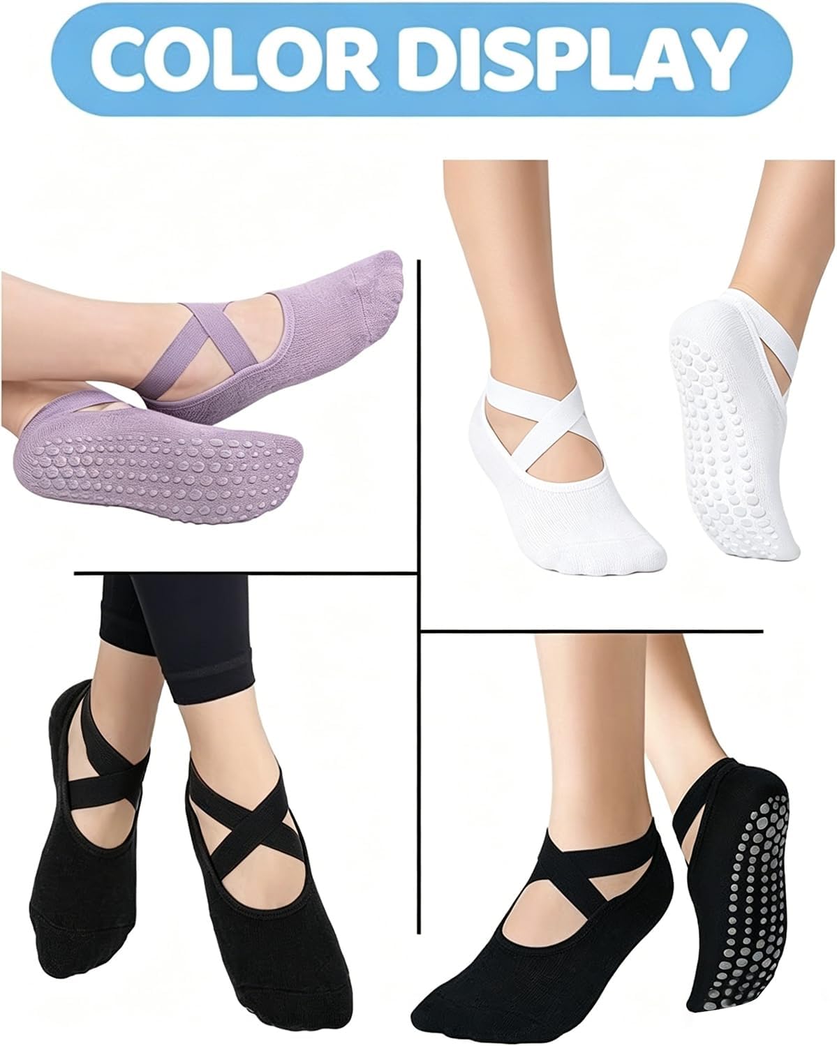 Pilates Grip Socks for Women Non Slip Skid Yoga Socks with Grips Straps for Ballet Dance Workout Gripper Sock