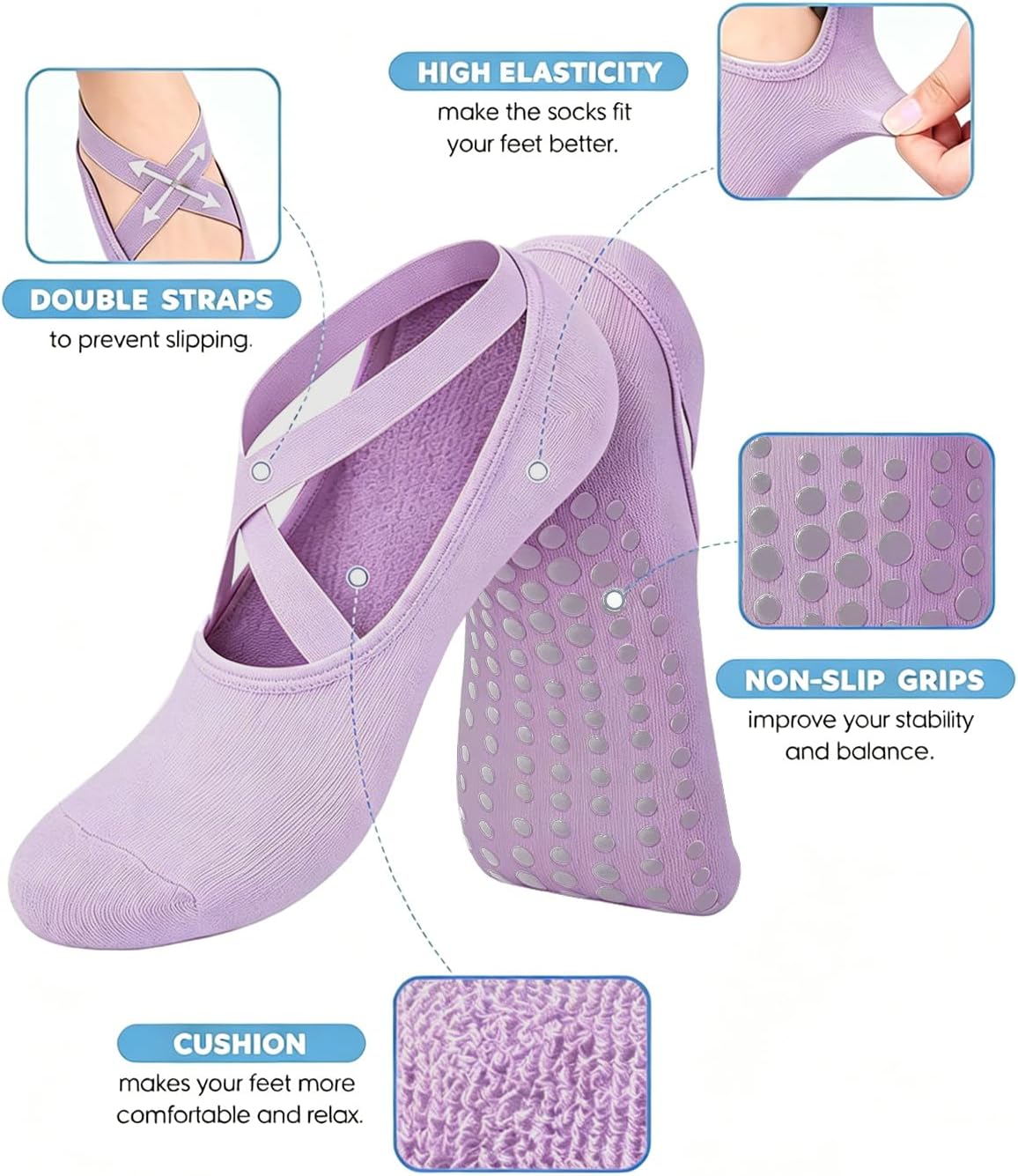 Pilates Grip Socks for Women Non Slip Skid Yoga Socks with Grips Straps for Ballet Dance Workout Gripper Sock