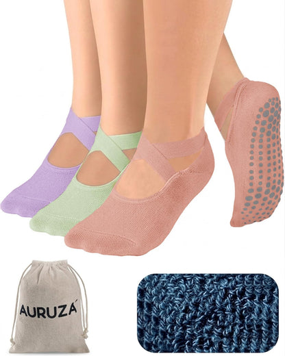 Pilates Grip Socks for Women Non Slip Skid Yoga Socks with Grips Straps for Ballet Dance Workout Gripper Sock
