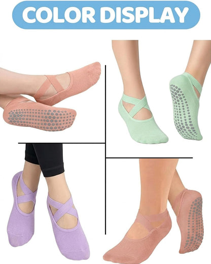 Pilates Grip Socks for Women Non Slip Skid Yoga Socks with Grips Straps for Ballet Dance Workout Gripper Sock